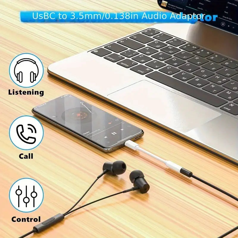 Simples Market white USB-C to 3.5mm aux adapter with wired earbuds and smartphone on desk