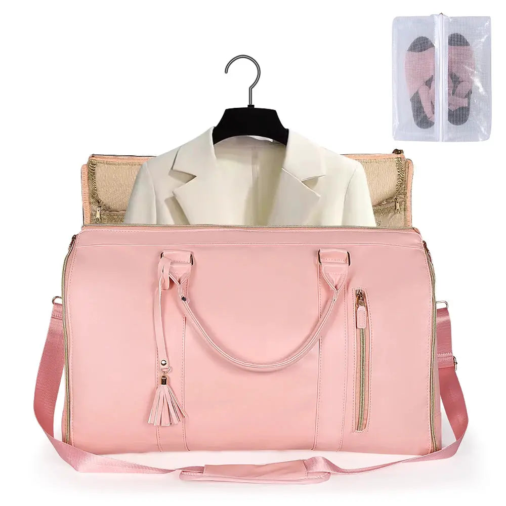 Simples Market pink foldable travel handbag with large capacity; includes clear shoe bag.