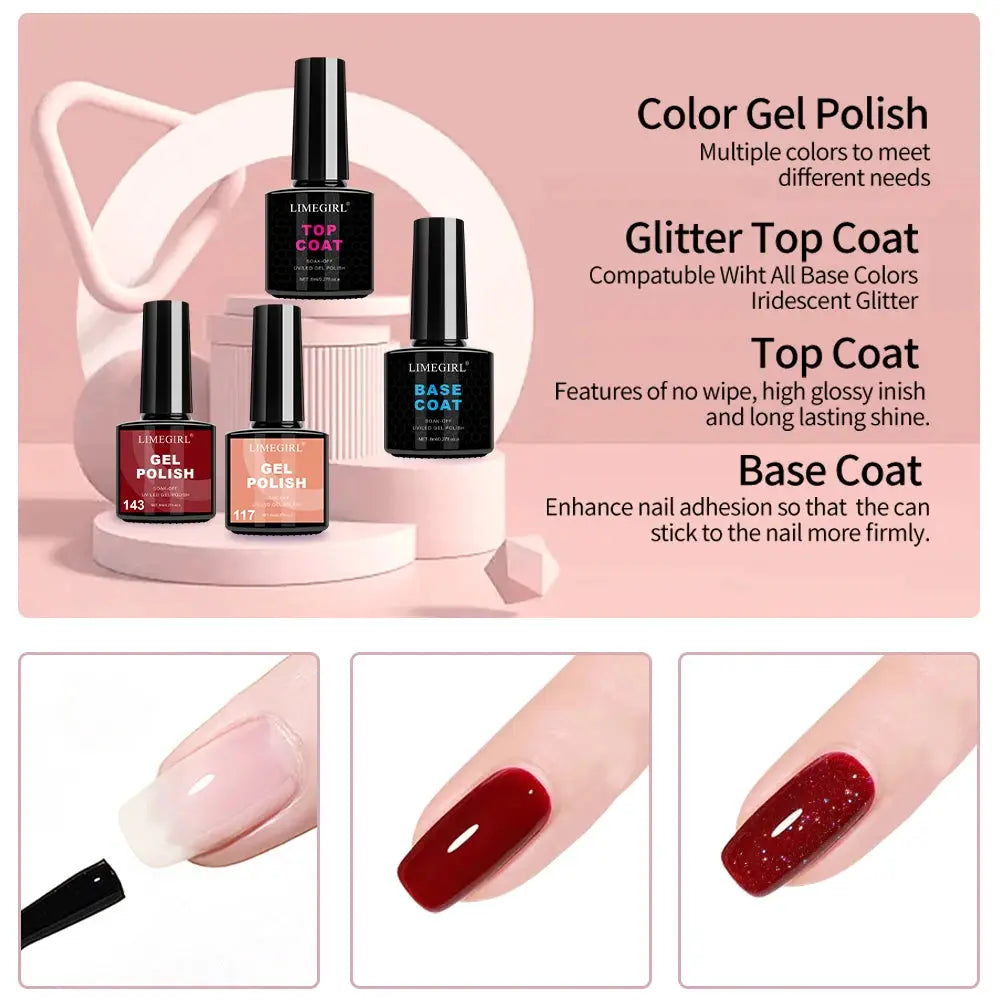 Simples Market LIMEGIRL gel nail polish kit with UV LED lamp, four bottles, base coat, top coat, and color gels