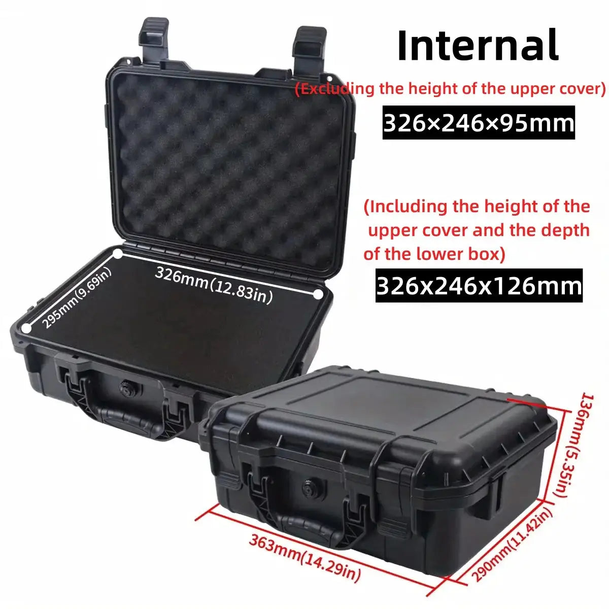 Waterproof hard tool case with pre-cut foam insert; black plastic toolbox