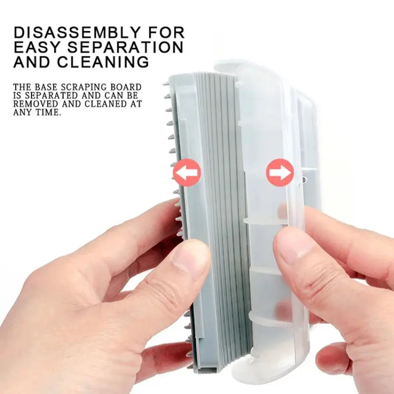 Cat massage tool with grey comb and clear self-cleaning housing for pet hair removal by Simples Market
