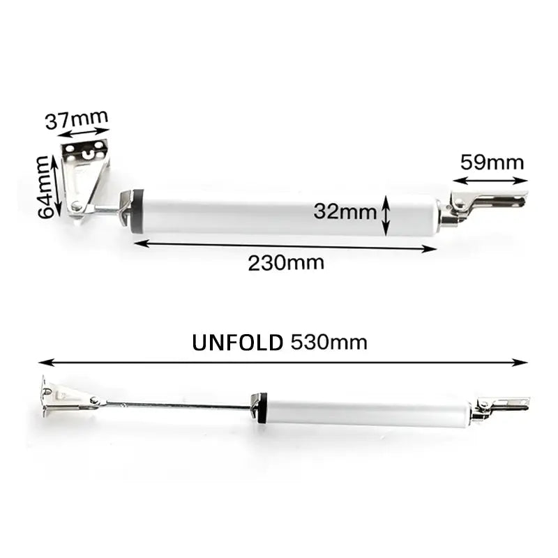 Automatic door closer by Simples Market; white cylindrical body with metal mounting brackets, unfolds to 530mm length