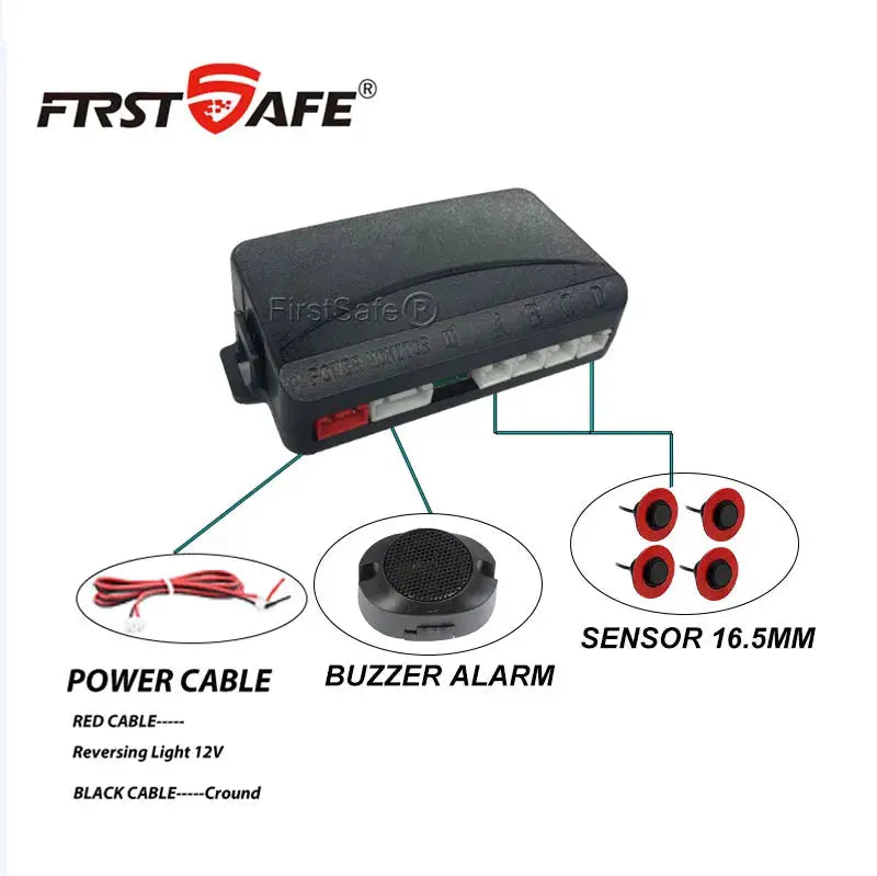 FirstSafe 4-sensor 12V parking sensor kit with 16.5mm flat probes and buzzer
