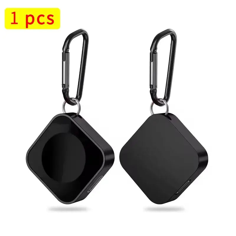 Portable wireless watch charger set, 2 pcs, black square design with carabiner clips