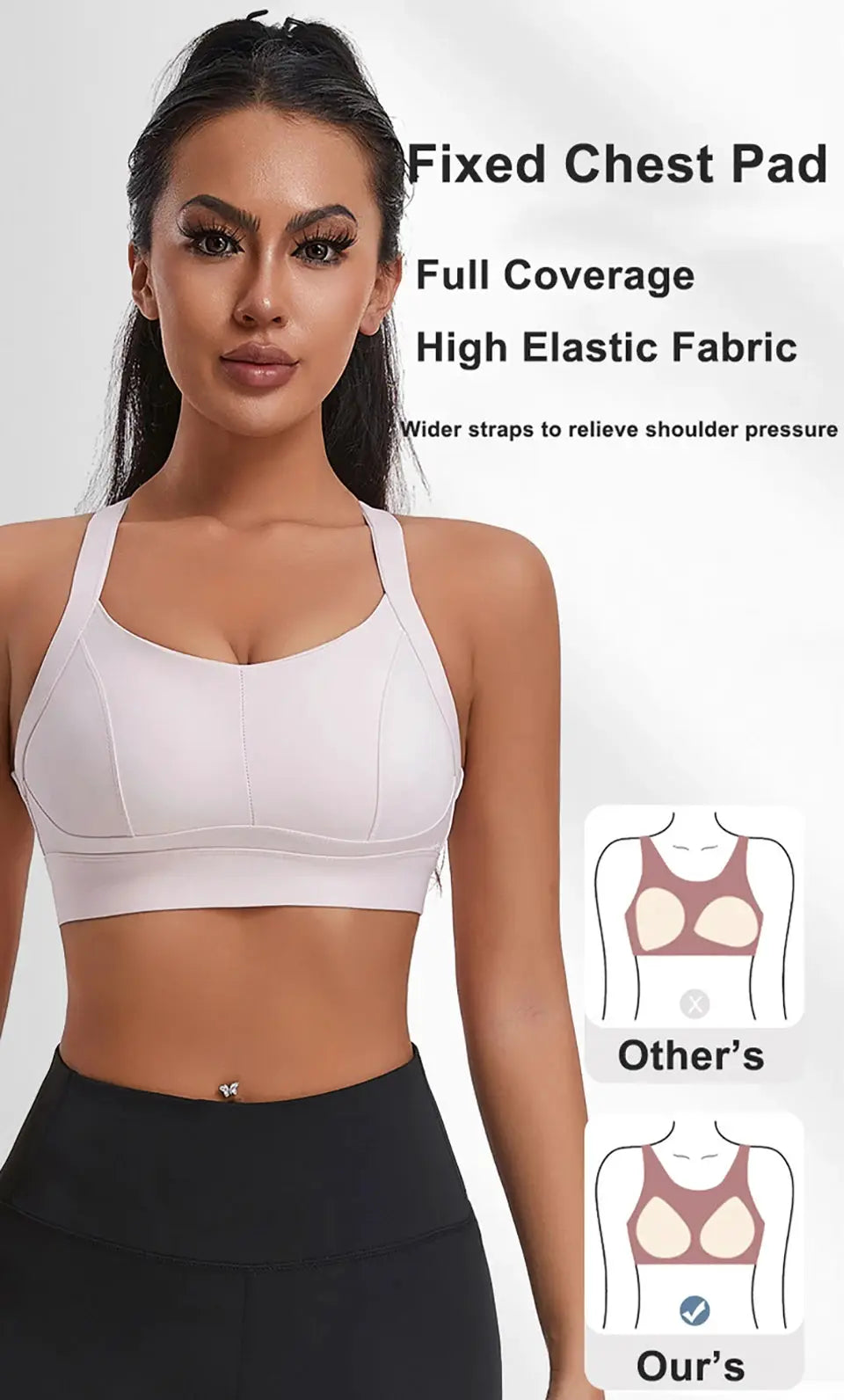 Women's high-impact padded sports bra in light pink with criss-cross back