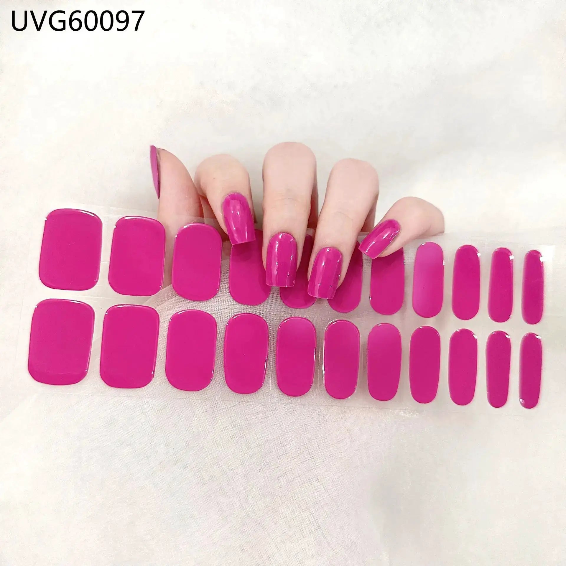 Gel nail wraps set in bright pink, full-cover stickers for 16/20/22‑tip nails for DIY manicure