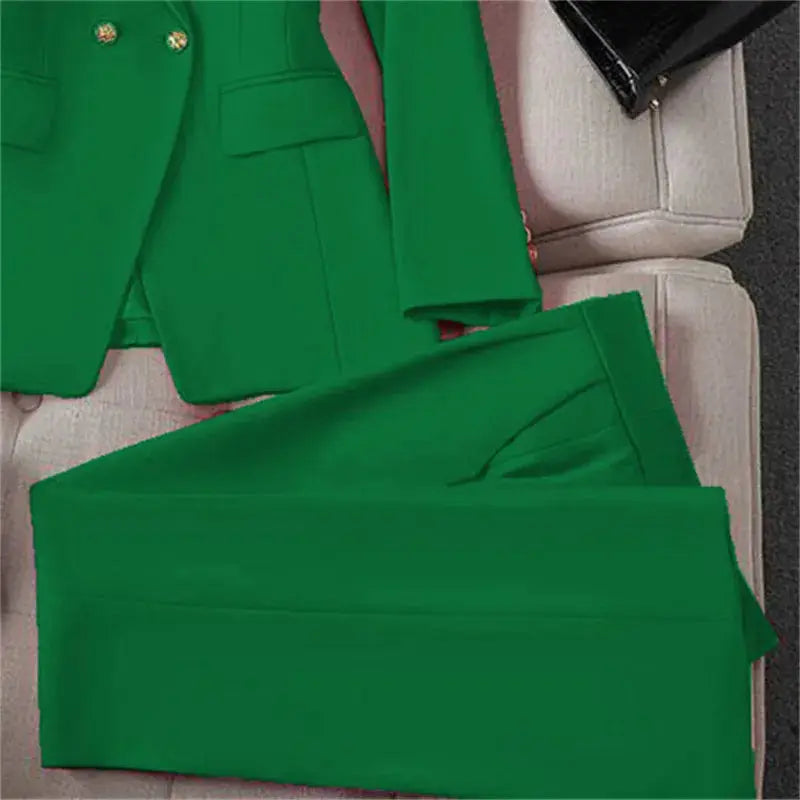 Simples Market green 2-piece blazer and pant set for women, long-sleeve blazer with gold buttons