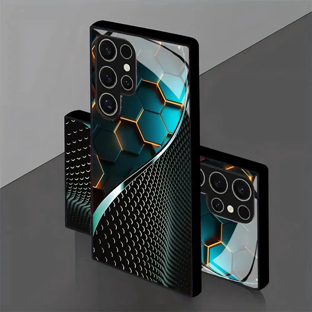 Simples Market honeycomb wood pattern frosted glass phone case for Samsung Galaxy 5G phones, two cases shown