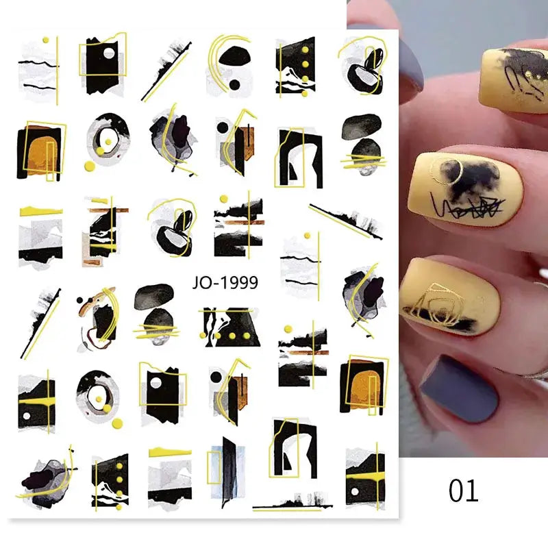 Nail art decals sheet with bronze/gold, black and white geometric lines and abstract shapes