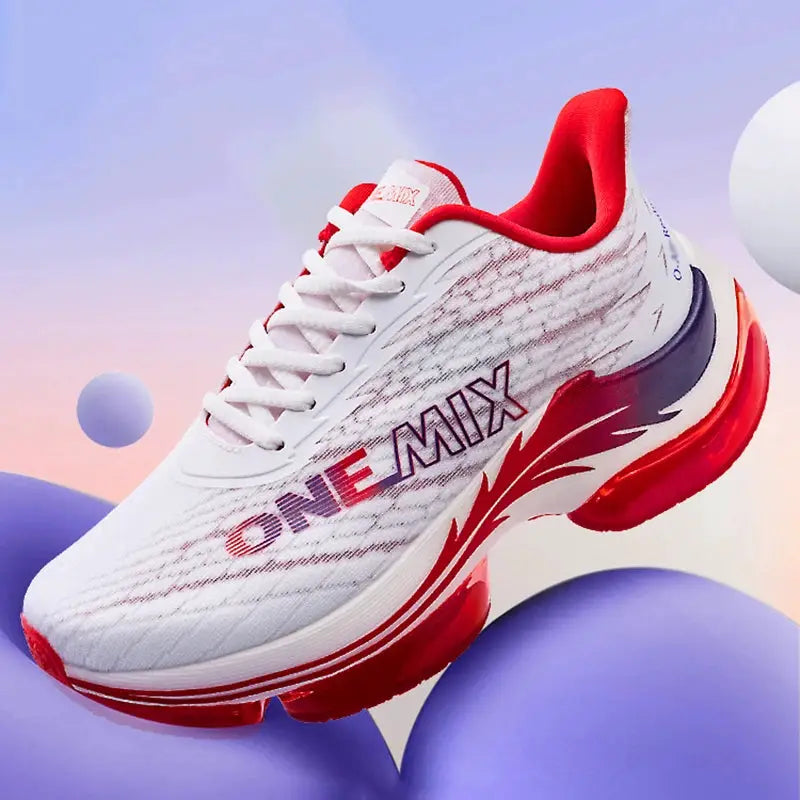 ONEMIX women's air-cushion running shoes with white mesh upper and red accents
