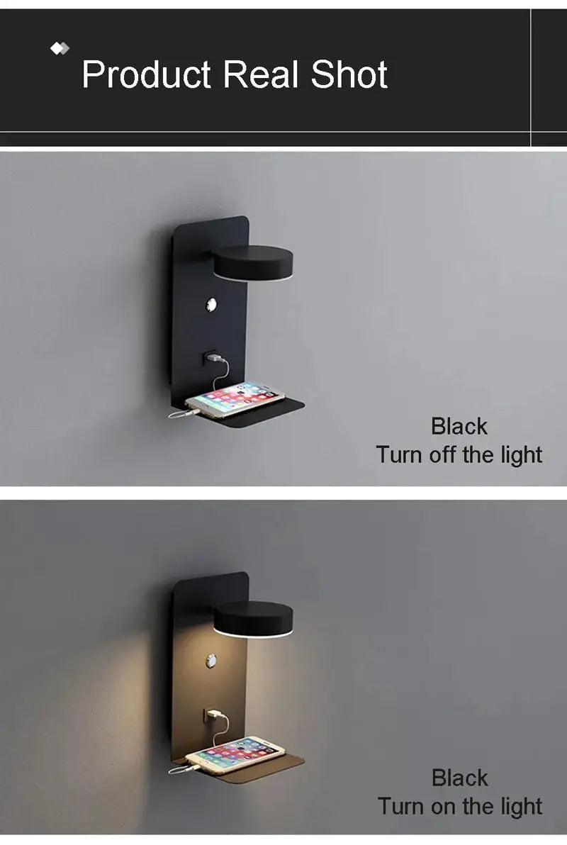 Black metal bedroom LED wall lamp with USB charging and small shelf