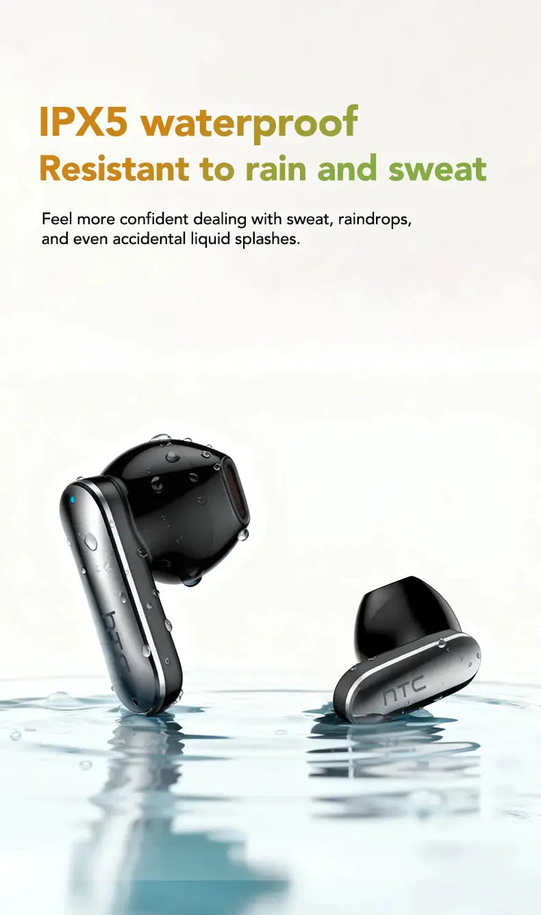 HTC NE48 TWS wireless earbuds, black and silver, IPX5 waterproof with HTC logo.