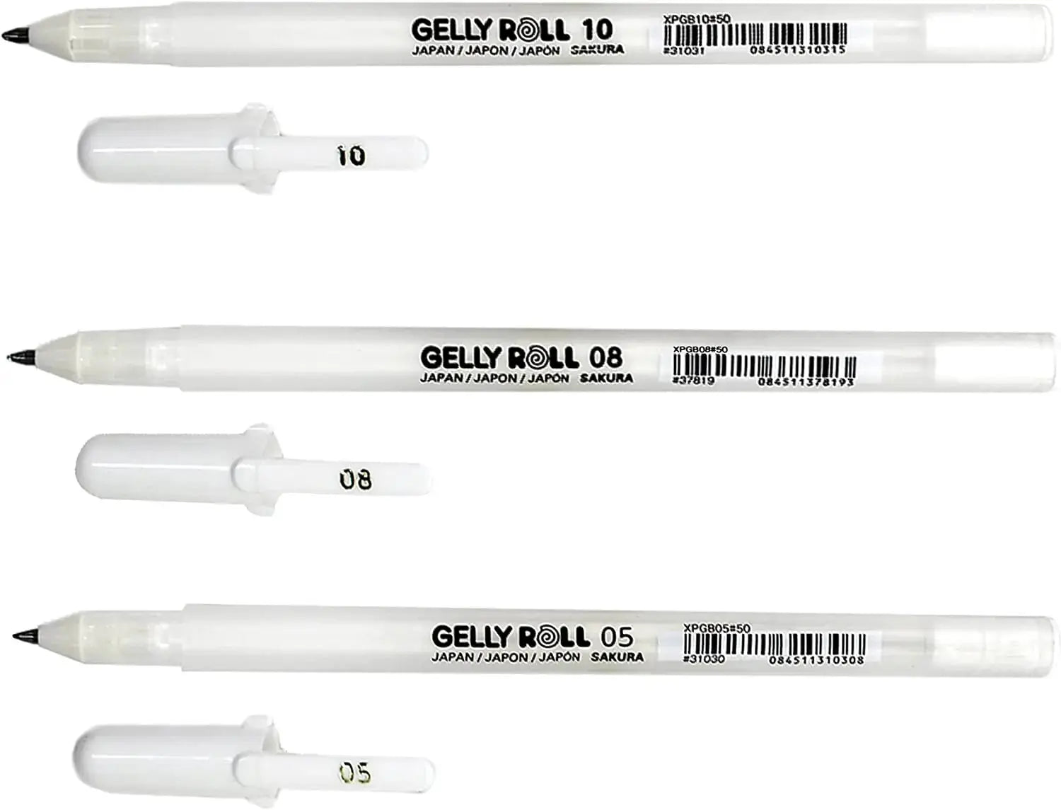 3-pack Sakura Gelly Roll gel pens with white ink, assorted tip sizes 05/08/10