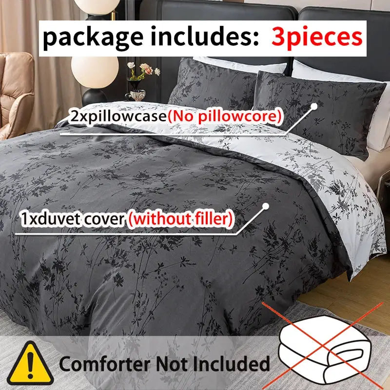 Simples Market 3-piece duvet cover set in grey Kongye floral pattern; includes 1 duvet cover and 2 pillowcases