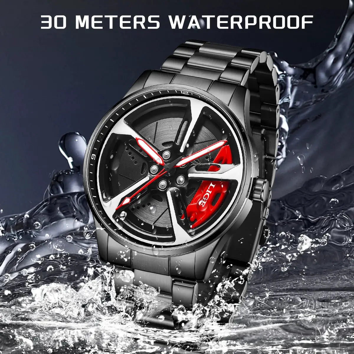 LIGE sport watch with car wheel rim dial, black stainless steel strap