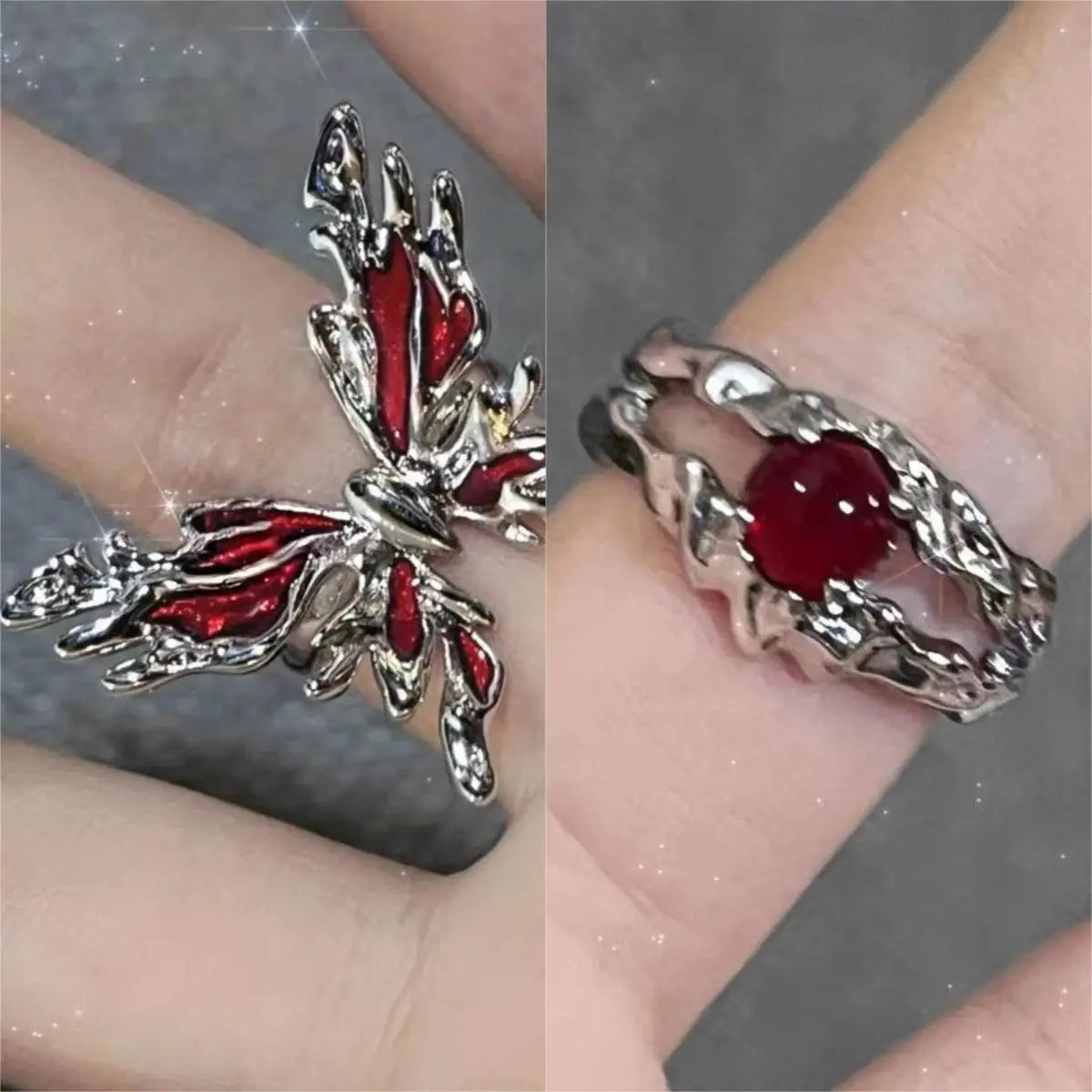 Goth Punk open ring set with red crystal heart accents in silver-tone metal