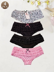 4-pack women's low-waist seamless briefs by Simples Market in gray floral, black with pink dots, solid black.