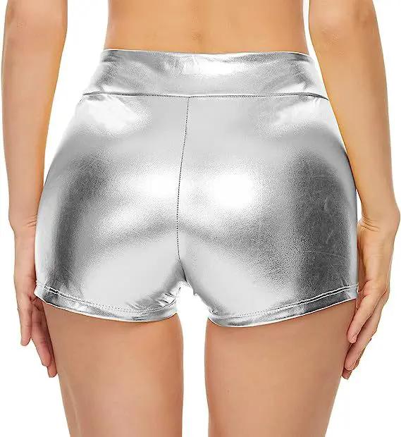 Slim stretch high-waist metallic silver shorts for women, shiny nightclub party outfit
