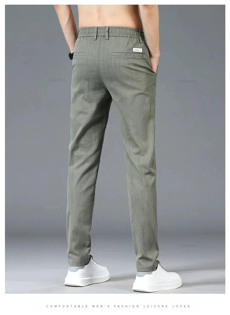 Simples Market men's casual slim straight trousers with elastic waist in gray-green, back pockets