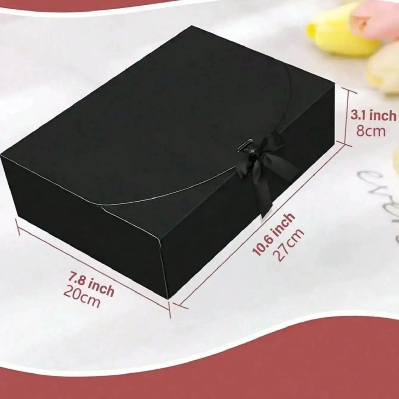 Black gift box with lid and ribbon, deluxe presentation box for gifts, 27 x 20 x 8 cm