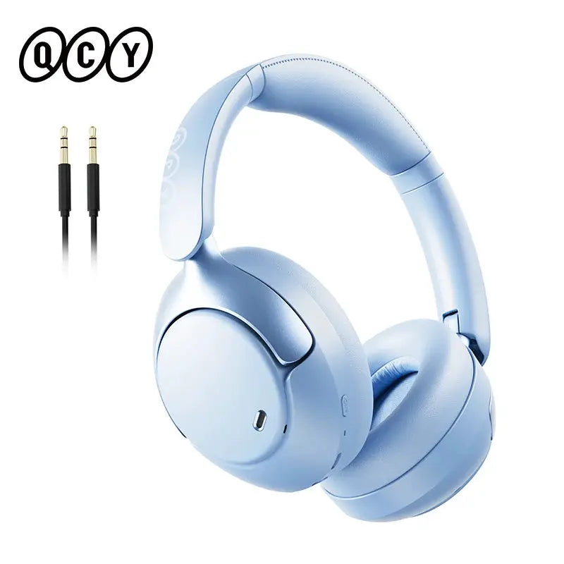 QCY H3 Pro ANC wireless over-ear headphones in light blue with Bluetooth 5.4 and LDAC, 3.5mm cable included