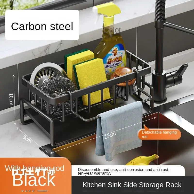 Simples Market black carbon steel kitchen sink side storage rack with detachable hanging rod, holds sponges and towels.