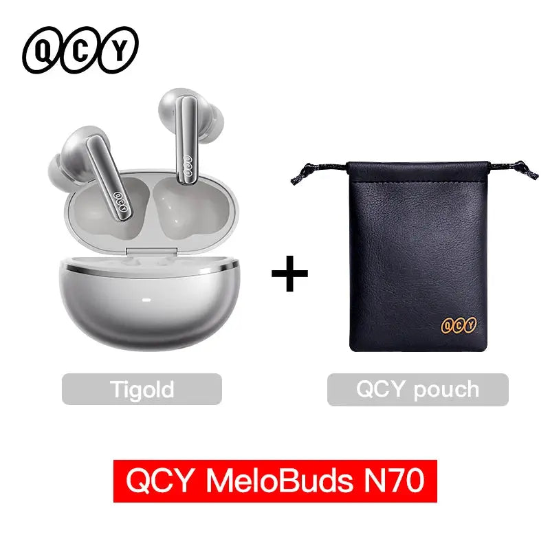 QCY MeloBuds N70 wireless earbuds with open charging case, two silver-gray buds, plus black QCY pouch
