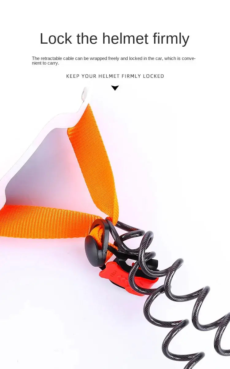 Helmet lock accessory with bright orange strap and coiled steel cable