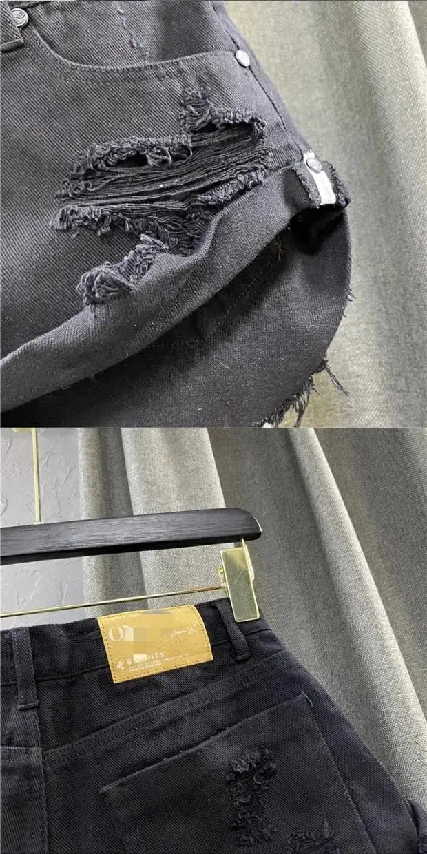 Simples Market black distressed denim shorts with zipper, frayed irregular edges for vintage slim streetwear