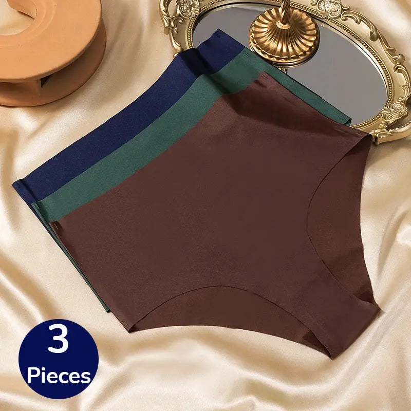 3-piece high-waist seamless panties set in brown with blue and green waistbands; breathable briefs, Simples Market