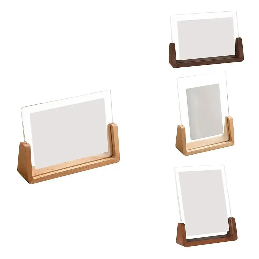 Set of four wooden photo frames with clear acrylic U-shaped stands in walnut and beech finishes for desktop display