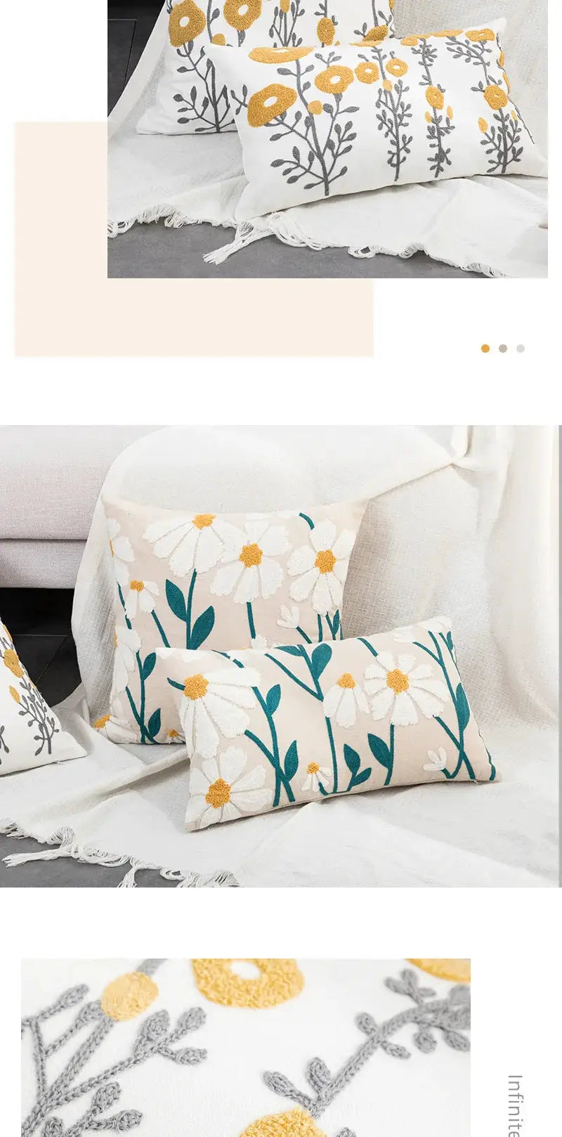 Decorative pillow covers from Simples Market; boho floral tufted cotton, white with yellow embroidery and beige with daisies, 4-piece set