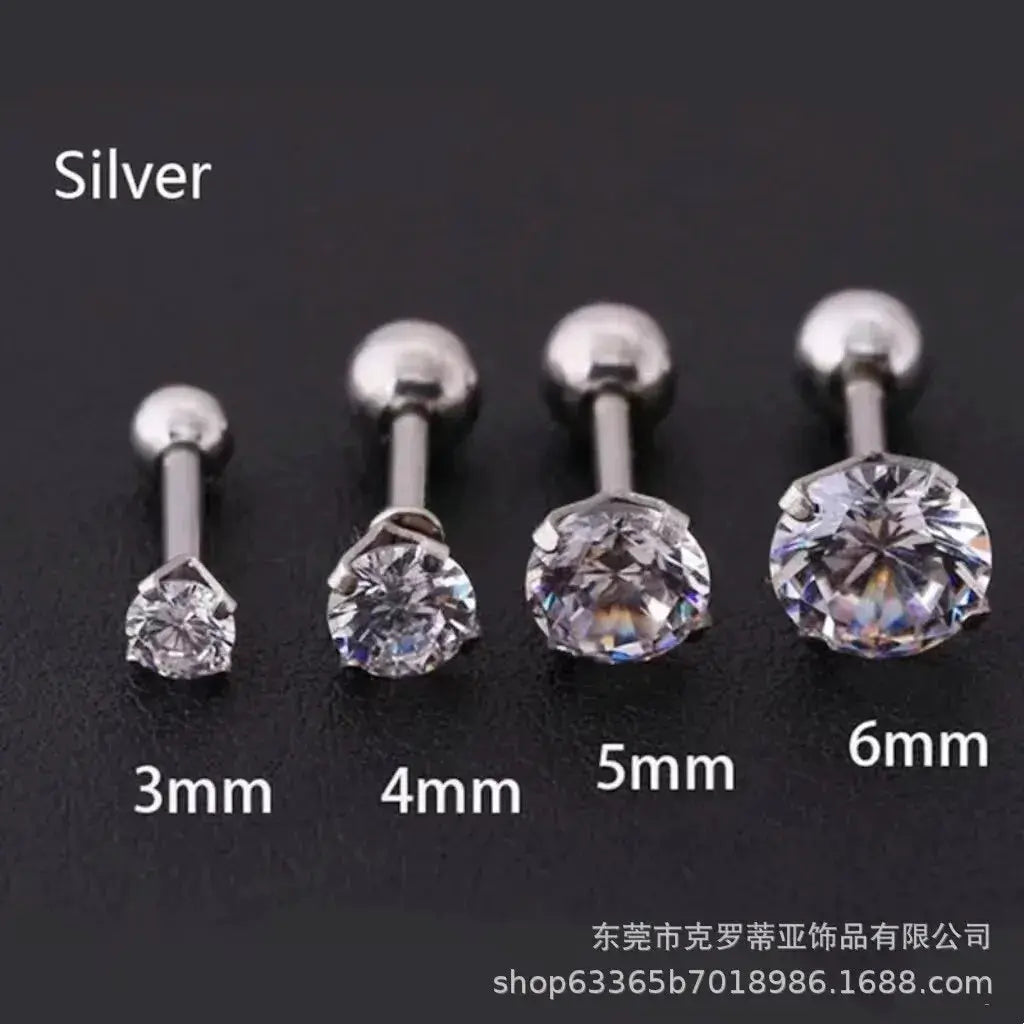 Crystal stainless steel stud earrings set, silver tone, with 3mm, 4mm, and 6mm sizes.