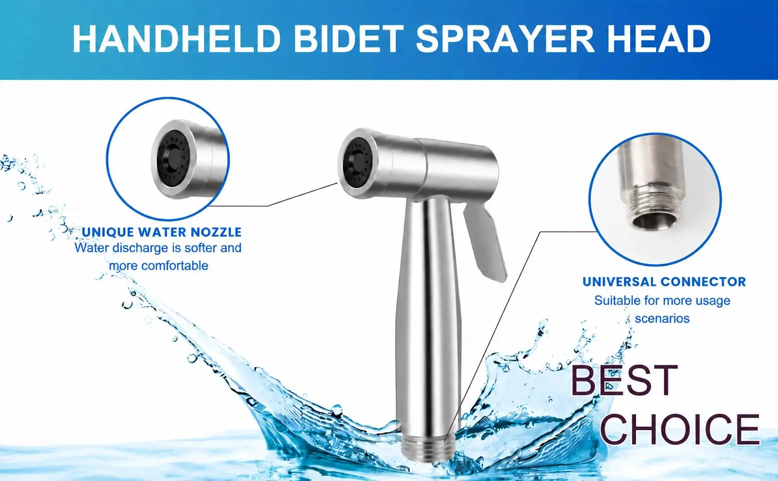 Portable handheld bidet sprayer nozzle with stainless finish and universal connector