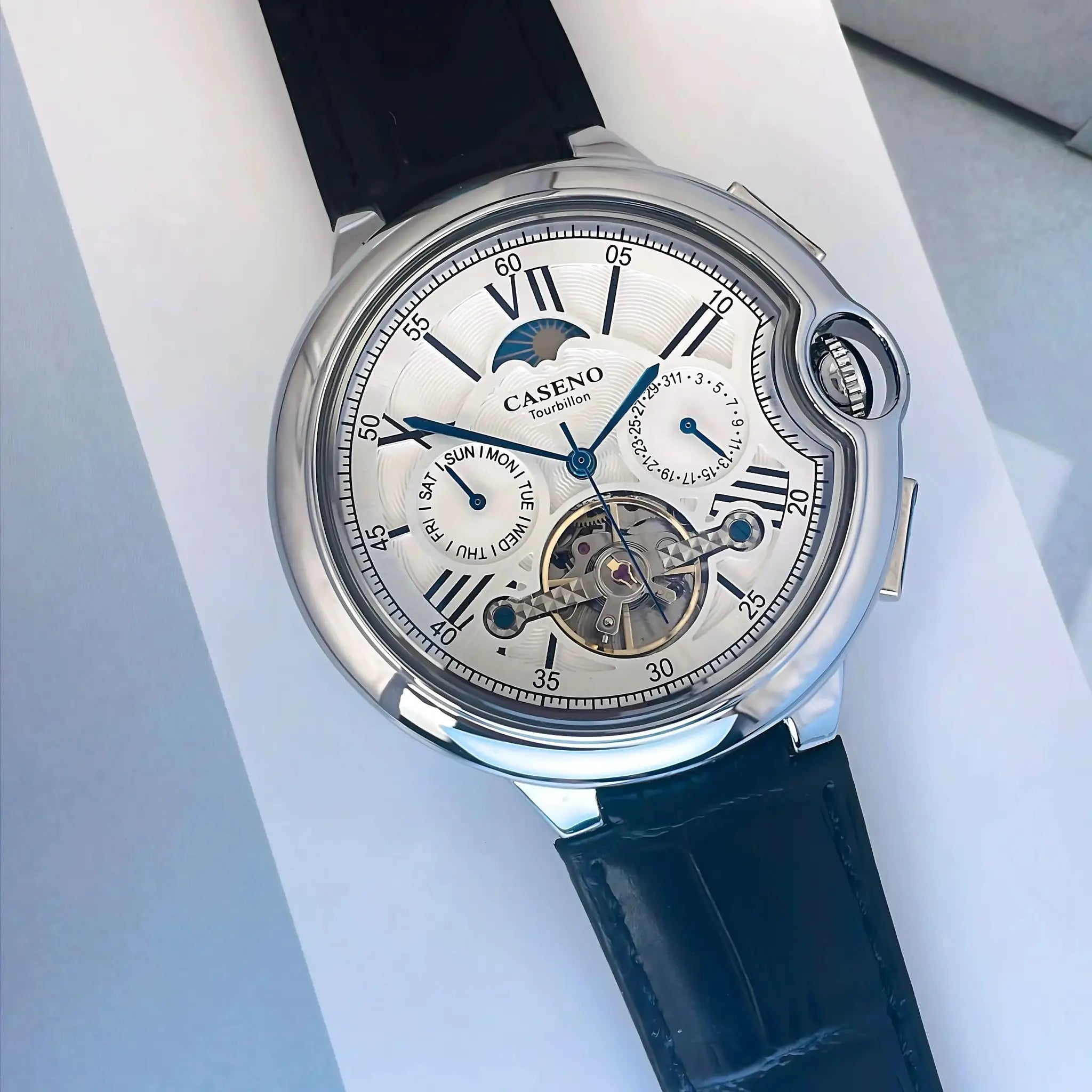 CASENO Star Roman Grand men's fully automatic tourbillon watch with white dial and black leather strap.