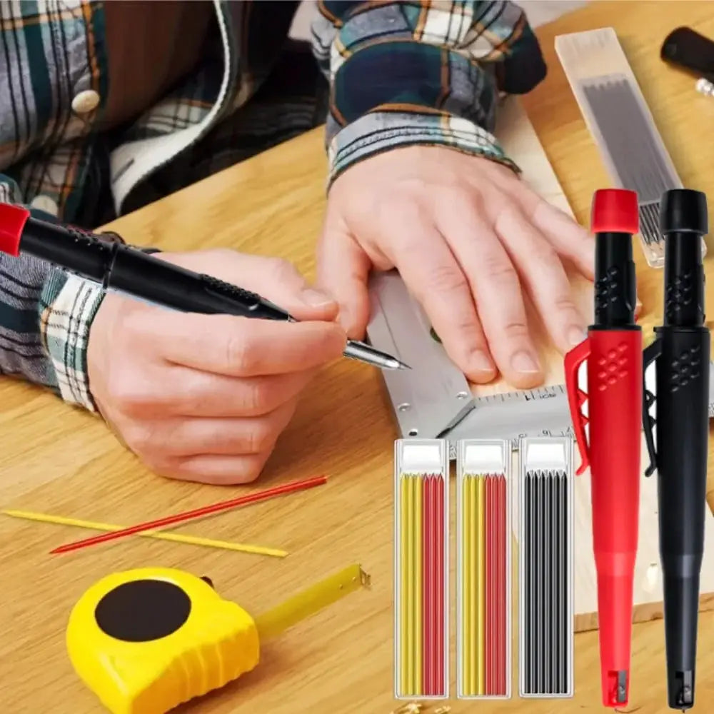 Solid carpenter pencil set with 2.8mm deep-hole mechanical pencils and built-in sharpener on a wood workbench