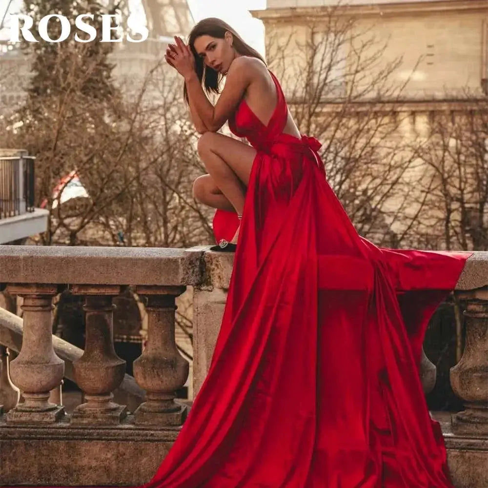 Roses Red Satin Prom Dress Sleeveless Backless Trumpet Gown V Neck