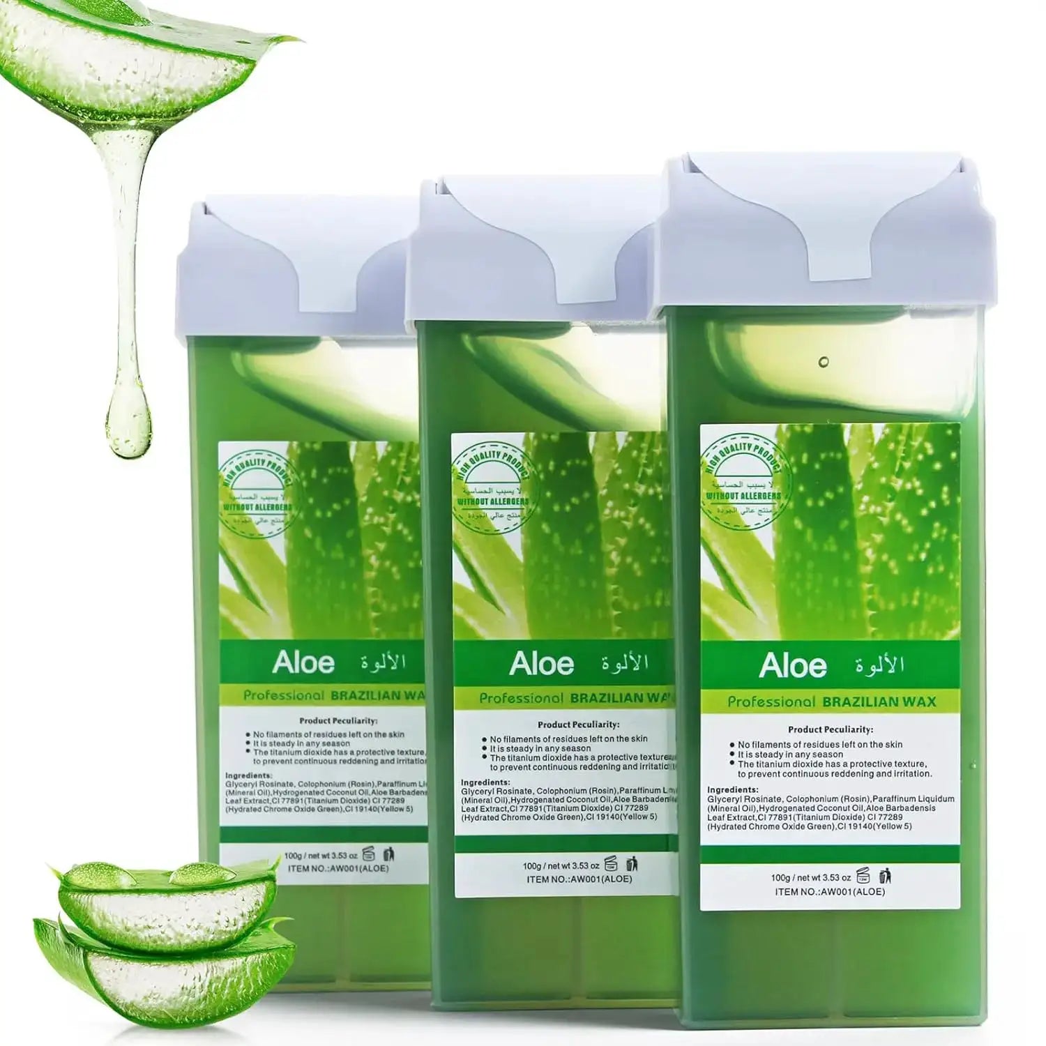 Roll-on wax refill cartridges for hair removal, aloe vera, three-pack green bottles