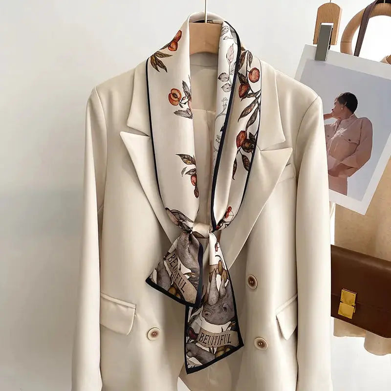 LuxeSilk Silk Feel Printed Design Scarf Versatile Long Narrow Silk Shawl For Fashionable Styles