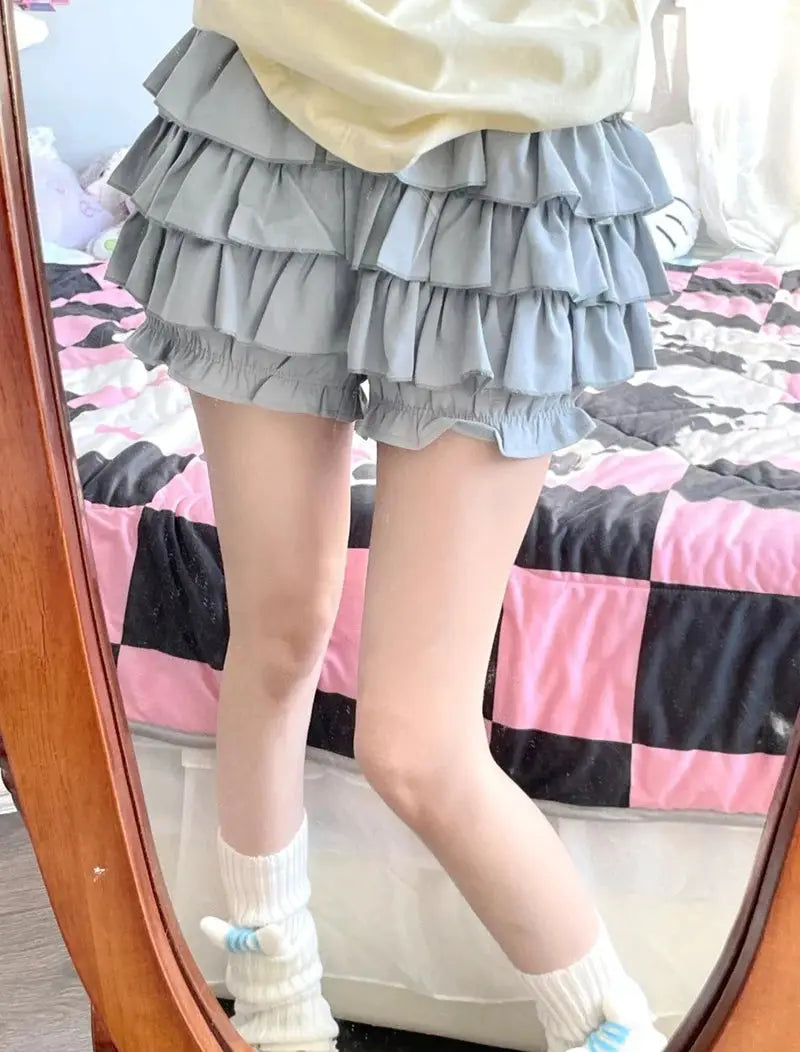 MEXZT Y2K Sweet Ruffles Mini Skirt, light blue-gray tiered A-line high-waist