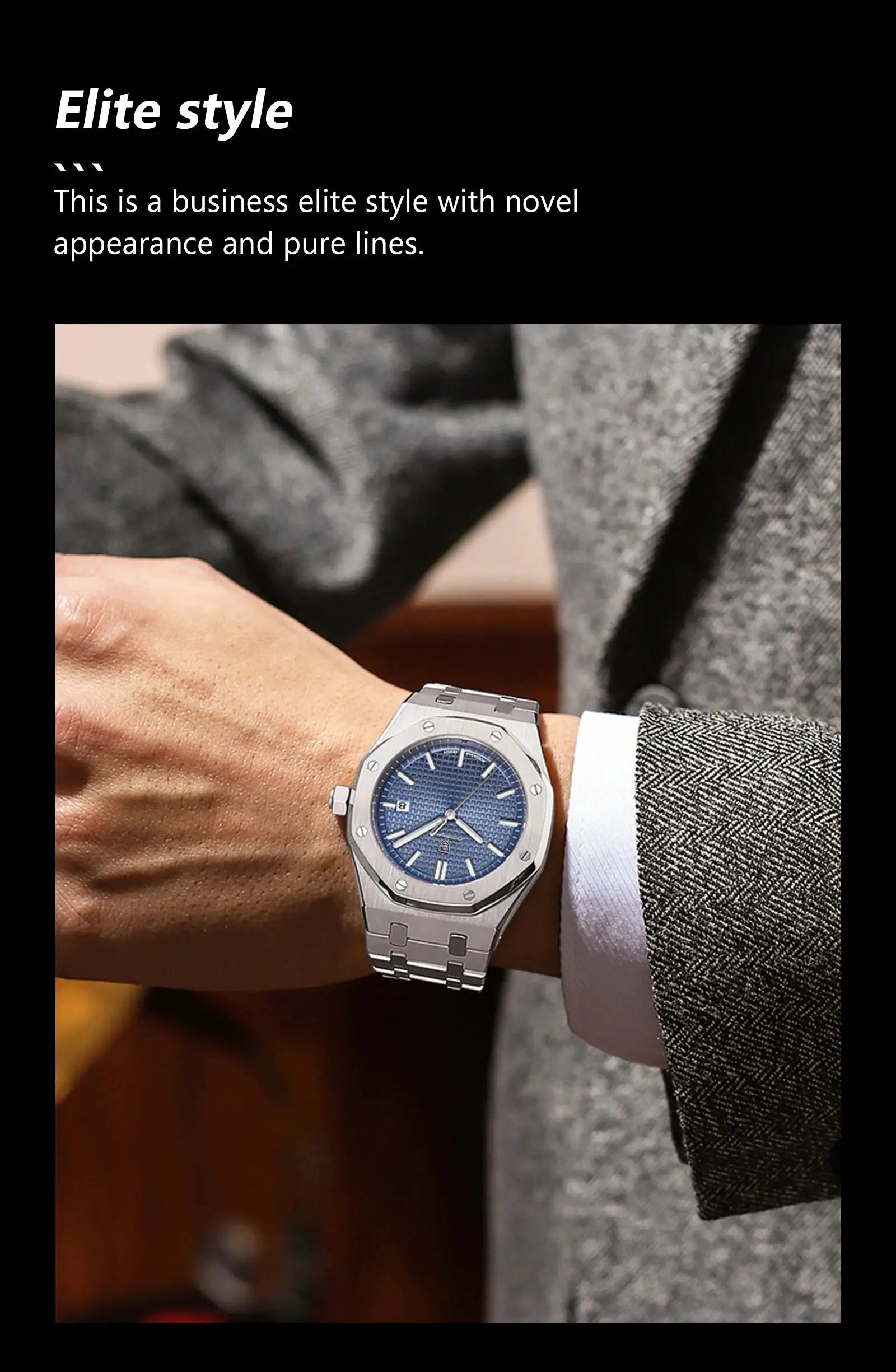 POEDAGAR luxury men's stainless steel wristwatch with blue dial and date display