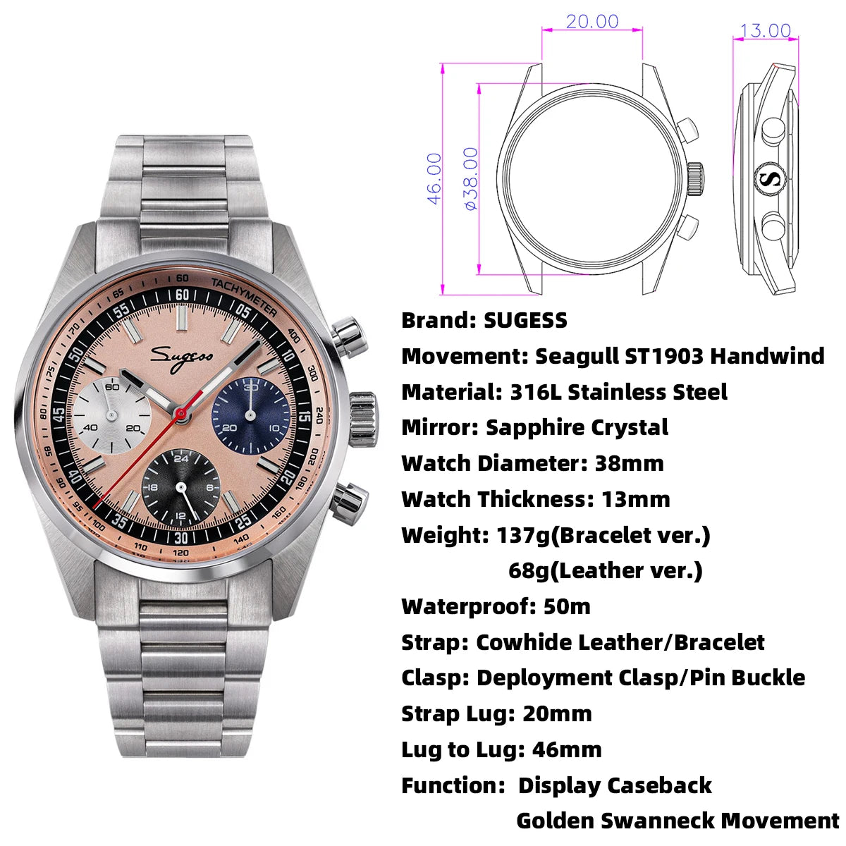 Sugess men’s 38mm chronograph watch with stainless steel bracelet, pink dial and tachymeter bezel
