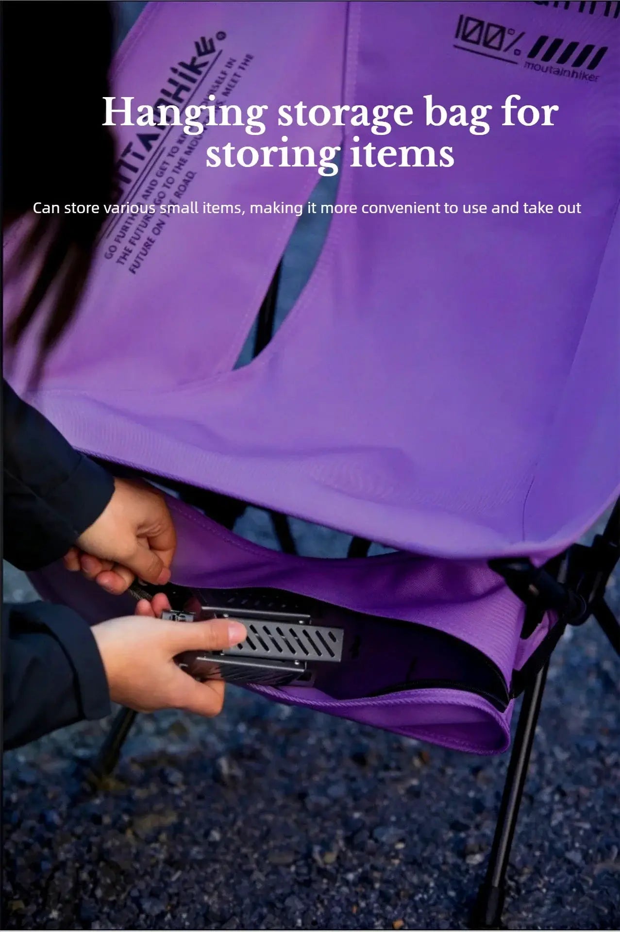 Foldable camping chair set in purple by Simples Market; ultralight moon chair being assembled.