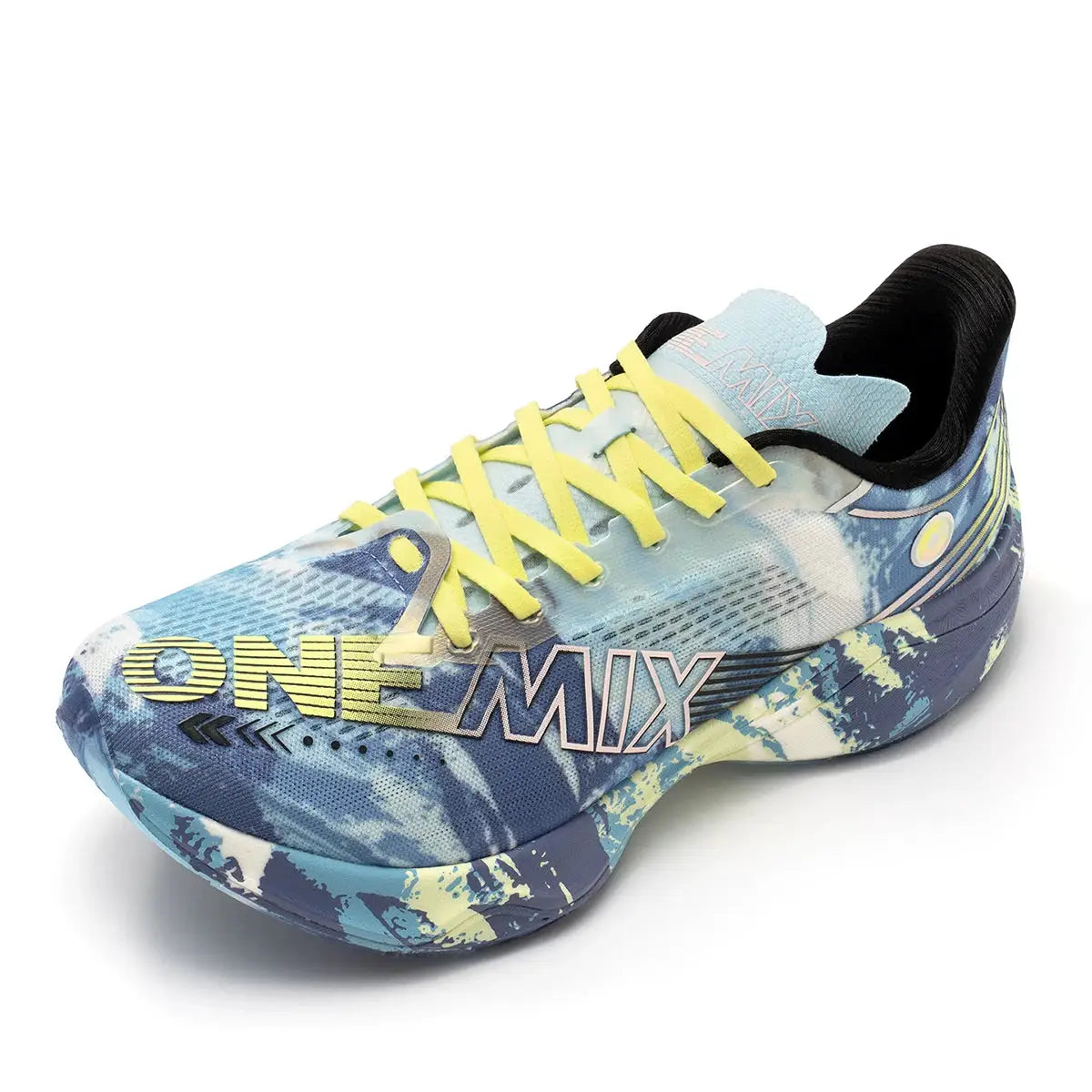 ONEMIX Marathon carbon plate running shoes with blue-teal patterned upper and bright yellow laces