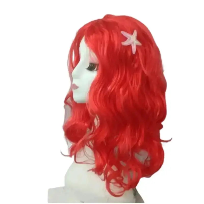 Mermaid wig for girls, red long wavy synthetic hair with starfish clips for cosplay