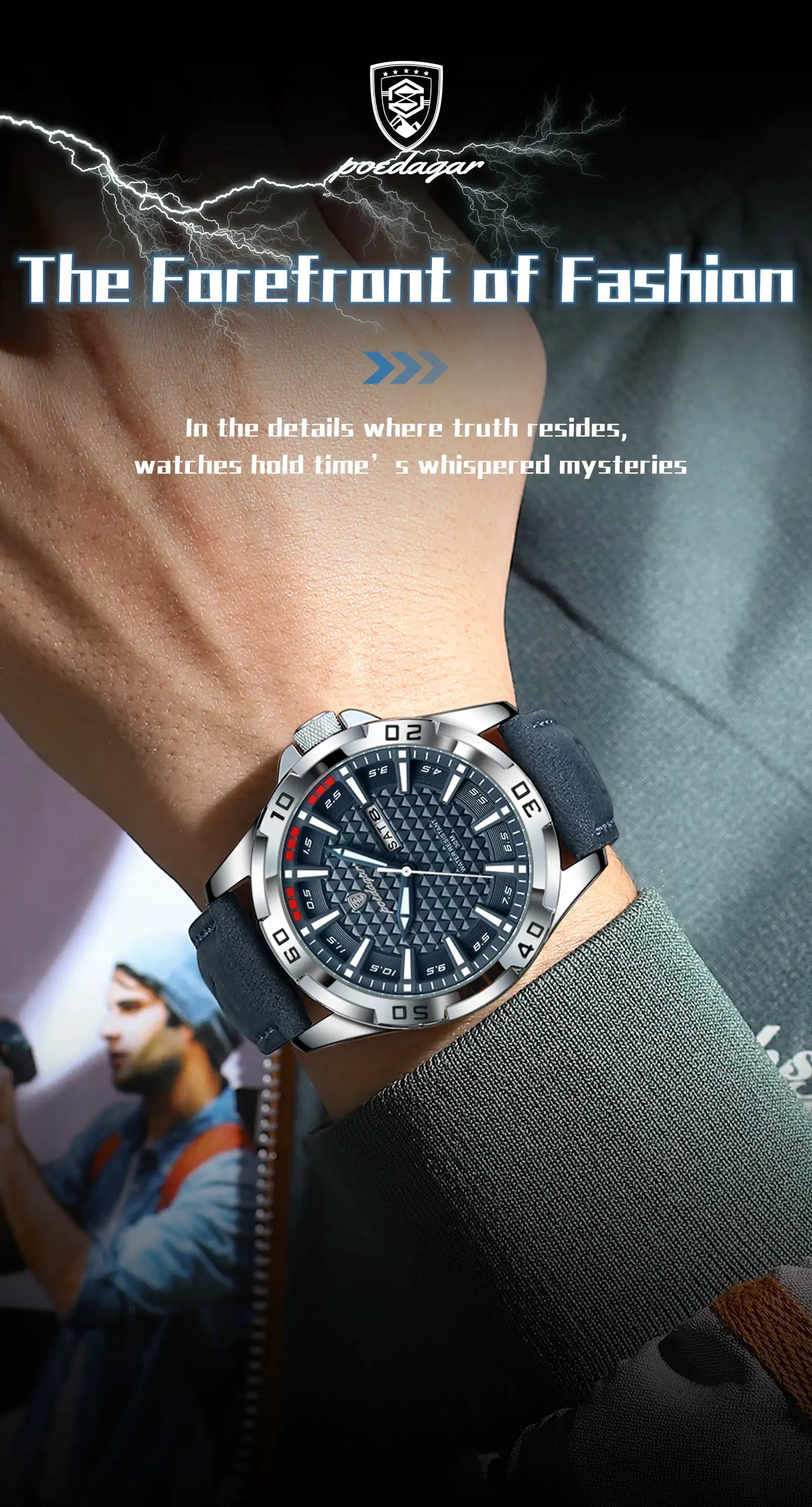 POEDAGAR men's wristwatch with blue dial, stainless steel bezel, and leather strap.