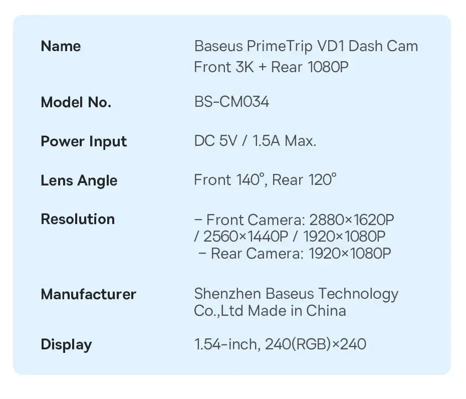 Baseus PrimeTrip VD1 dash cam specs: 3K front, 1080P rear, 140° front, 120° rear, 1.54-inch display