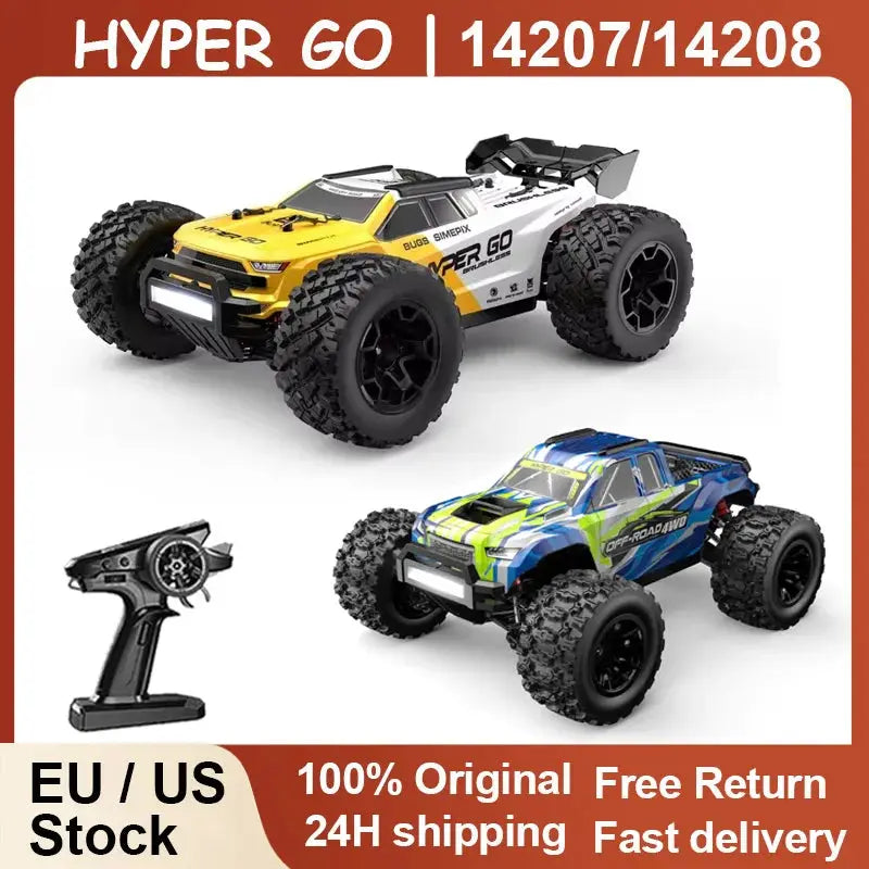 Simples Market Hyper Go MJX 14207/14208 two 1/14 RC cars set, yellow/white and blue/green, 4WD brushless remote