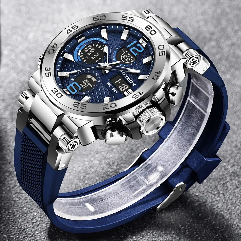 FOXBOX Sport men's blue-dial chronograph watch with stainless steel case and blue strap