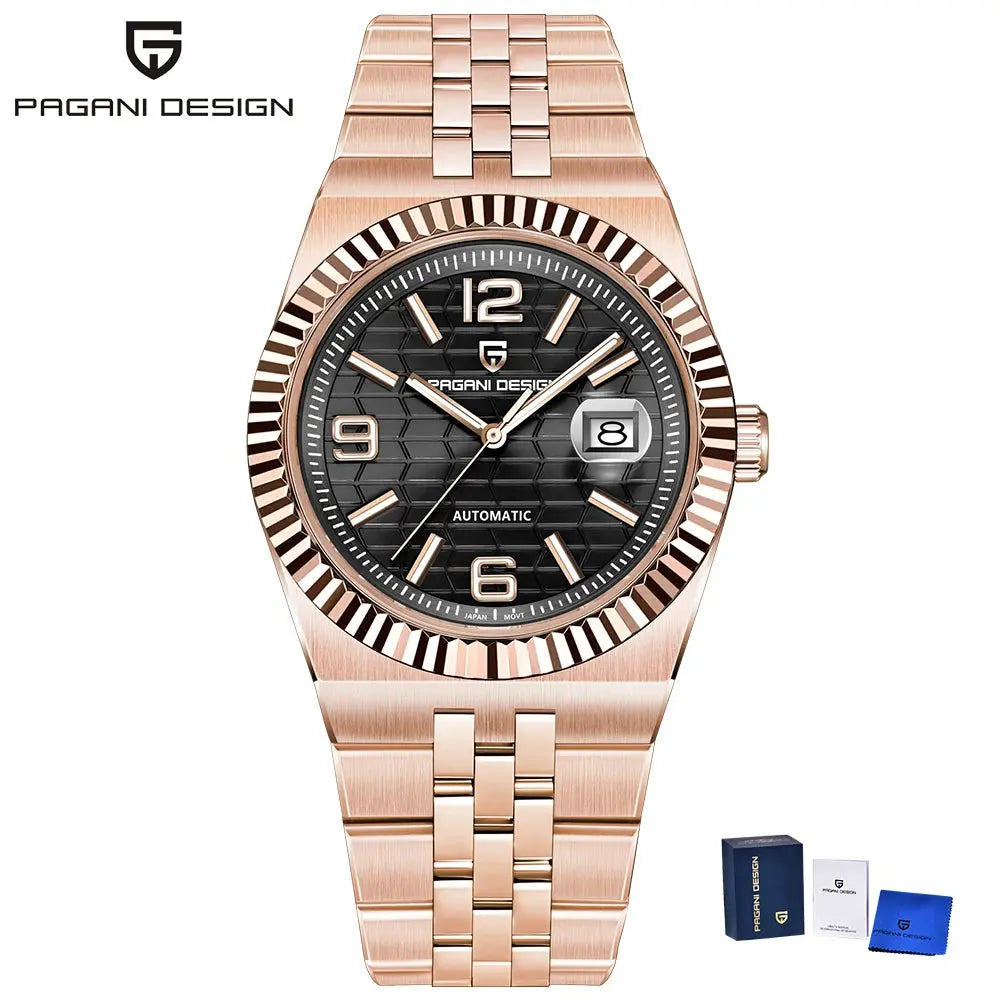 Pagani Design rose-gold stainless steel automatic men’s watch with black 3D rhombus dial and AR sapphire